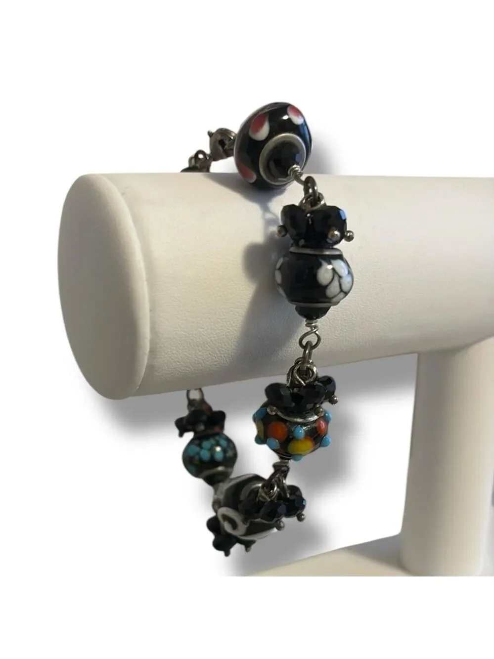 Artisan Glass Lampwork Beaded Bracelet Crystal Silver Tone Black Multi